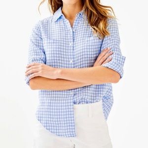 * LILLY PULITZER Seaview Linen Shirt Button Down Blue White Gingham XL Women.